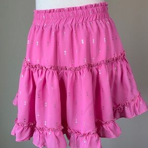 EUC Adrienne Pink Ruffle mini skirt with gold metallic dots sz Medium